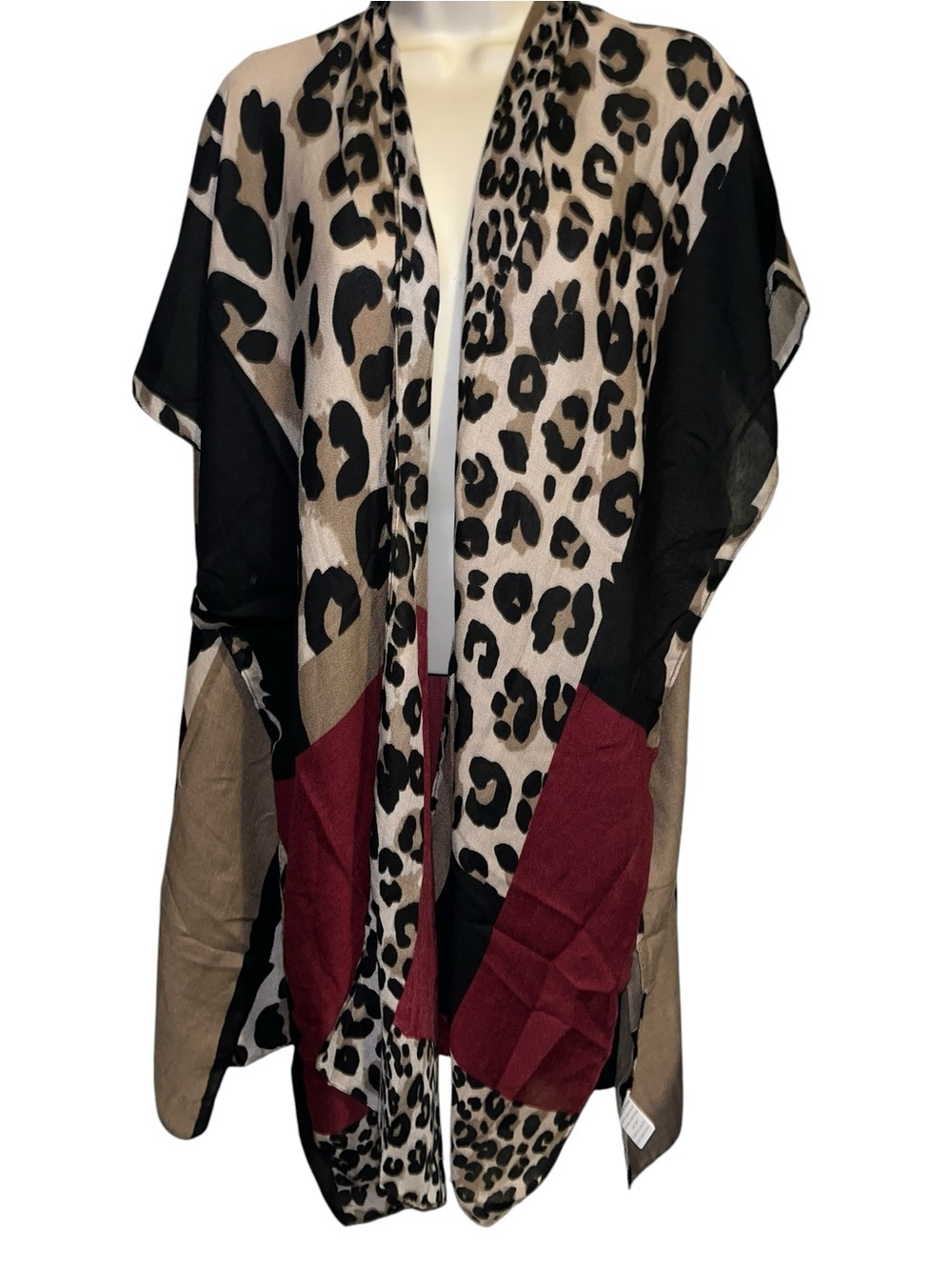 Origami  Free Size Leopard Print Colorblock Duster - Beige, Black & Burgundy - Picture 3 of 6